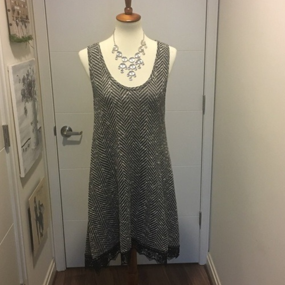 Chevron knit mini dress W/ black lace hem NWOT